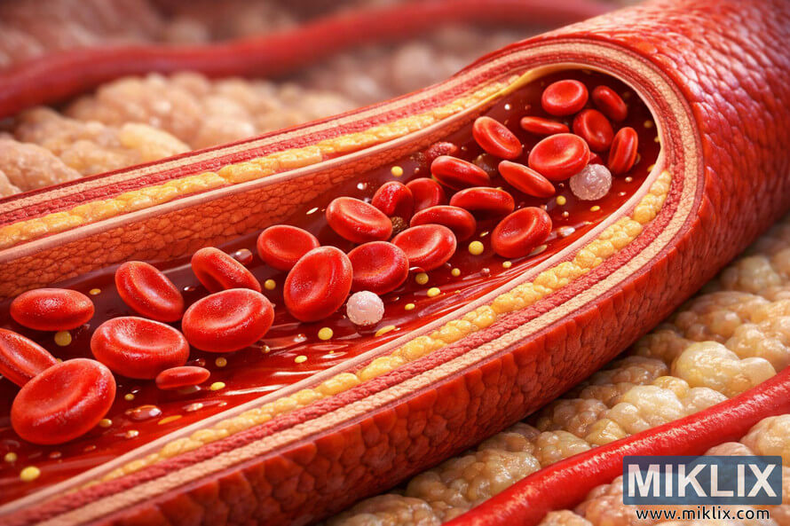 3D medical illustration showing a healthy artery cross-section with smooth blood flow, red and white blood cells, and detailed arterial wall layers.