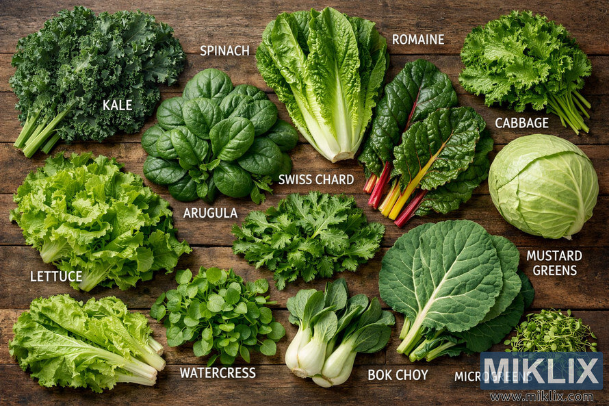 A landscape photograph displaying a diverse assortment of leafy green vegetables arranged on a rustic wooden surface, each labeled with its name such as kale, spinach, romaine, Swiss chard, cabbage, mustard greens, collard greens, lettuce, watercress, bok choy, and microgreens. A landscape photograph displaying a diverse assortment of leafy green vegetables arranged on a rustic wooden surface, each labeled with its name such as kale, spinach, romaine, Swiss chard, cabbage, mustard greens, collard greens, lettuce, watercress, bok choy, and microgreens.