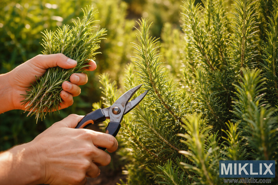 Hands harvesting fresh rosemary sprigs from a plant using pruning shears in warm sunlight.