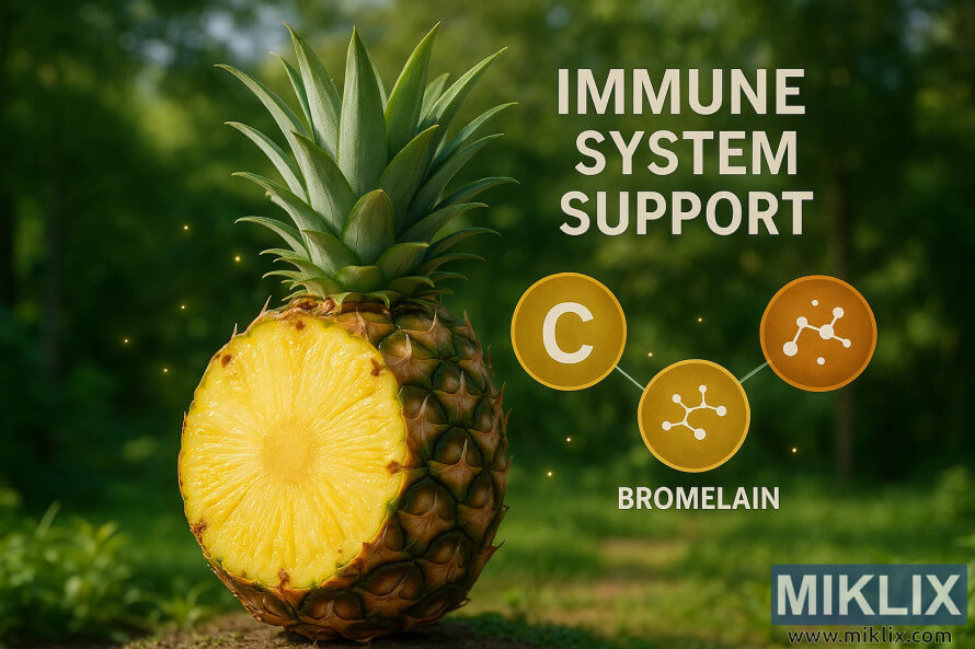Illustration of pineapple slice with green leaves and immune-boosting nutrients against a tropical backdrop.