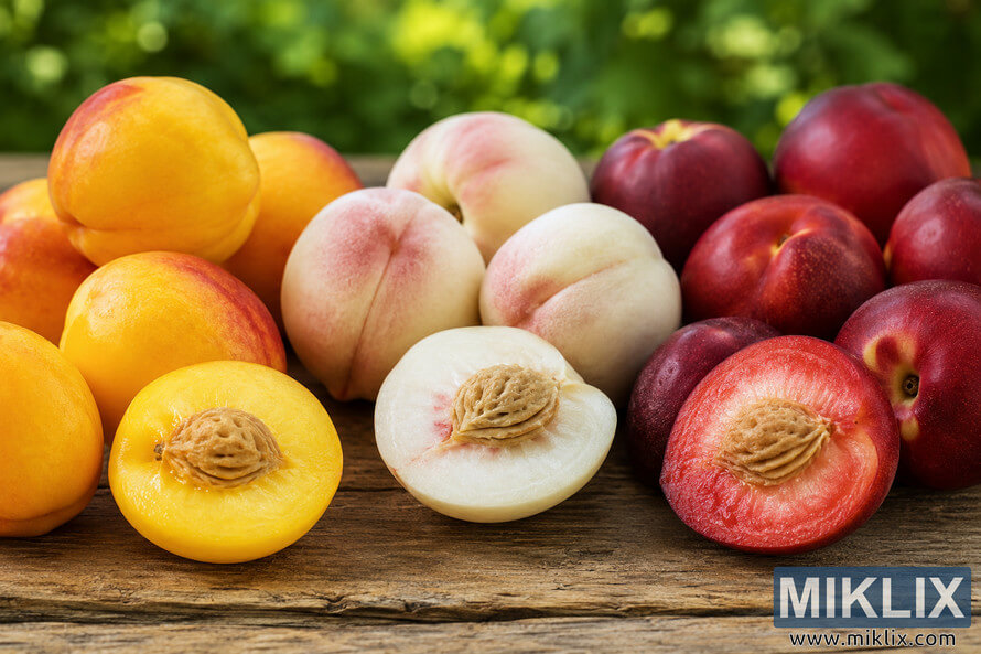 A high-resolution landscape photo showing an assortment of nectarines in yellow, white, and deep red varieties arranged on a rustic wooden table outdoors, with several sliced open to reveal juicy flesh and textured pits against a softly blurred green garden background. A high-resolution landscape photo showing an assortment of nectarines in yellow, white, and deep red varieties arranged on a rustic wooden table outdoors, with several sliced open to reveal juicy flesh and textured pits against a softly blurred green garden background.