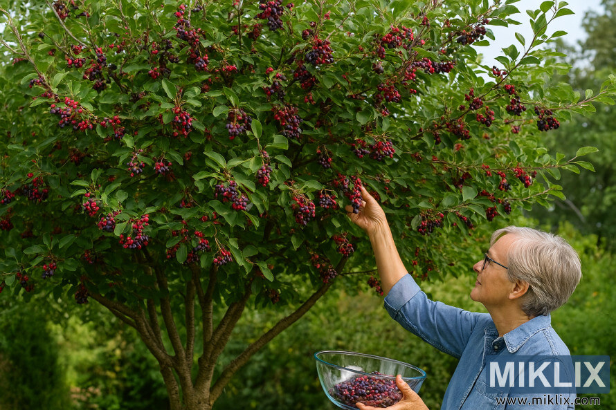Dona gran collint gerds madurs d'un arbre madur i exuberant en un jardÃ­.