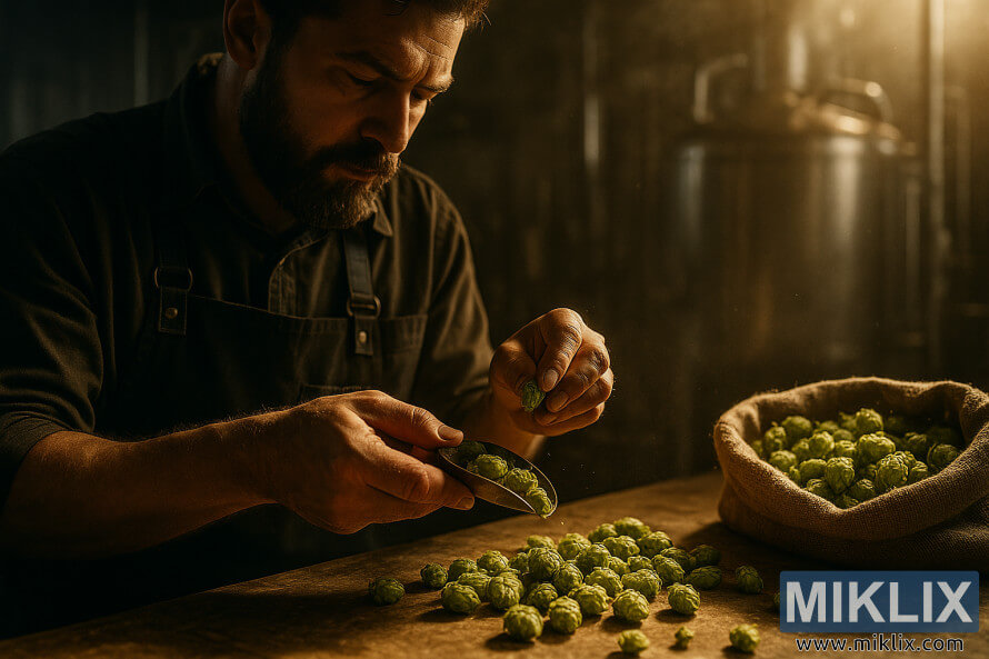 Taitava oluenpanija hämärässä panimossa käsittelee huolellisesti vihreitä humalaharkkoja lämpimässä kultaisessa valossa. Taitava oluenpanija hämärässä panimossa käsittelee huolellisesti vihreitä humalaharkkoja lämpimässä kultaisessa valossa.