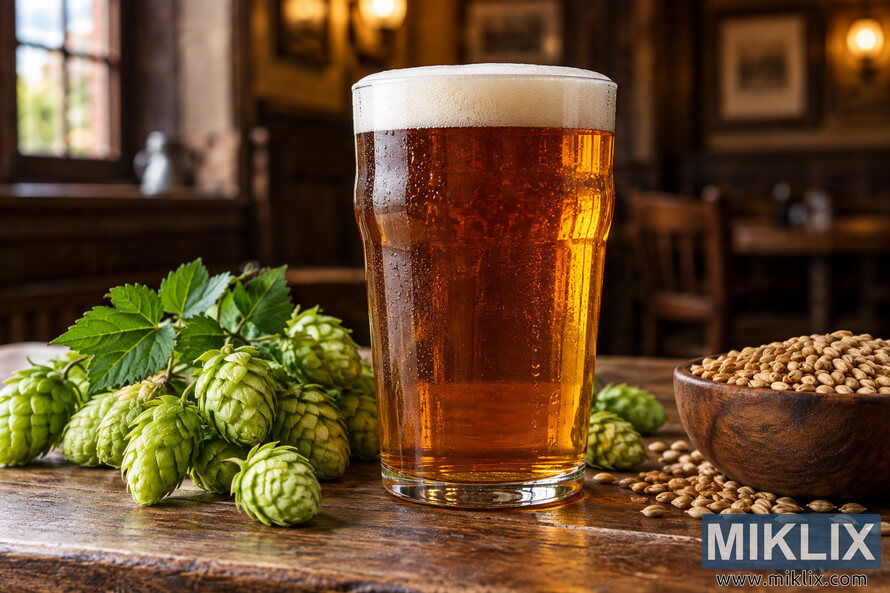 Traditional pint glass filled with amber English Pale Ale and a creamy foam head, surrounded by fresh green Bramling Cross hops and malted barley on a rustic wooden pub table. Traditional pint glass filled with amber English Pale Ale and a creamy foam head, surrounded by fresh green Bramling Cross hops and malted barley on a rustic wooden pub table.