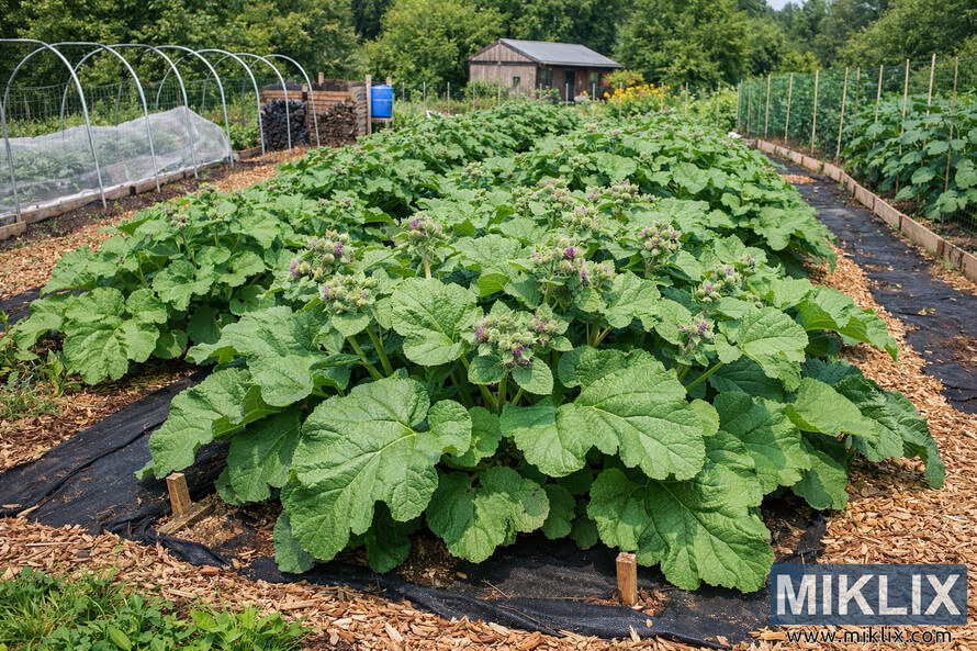 Healthy burdock plants growing in neat rows in a well-maintained garden with mulch paths, trellises, and a rustic shed in the background.