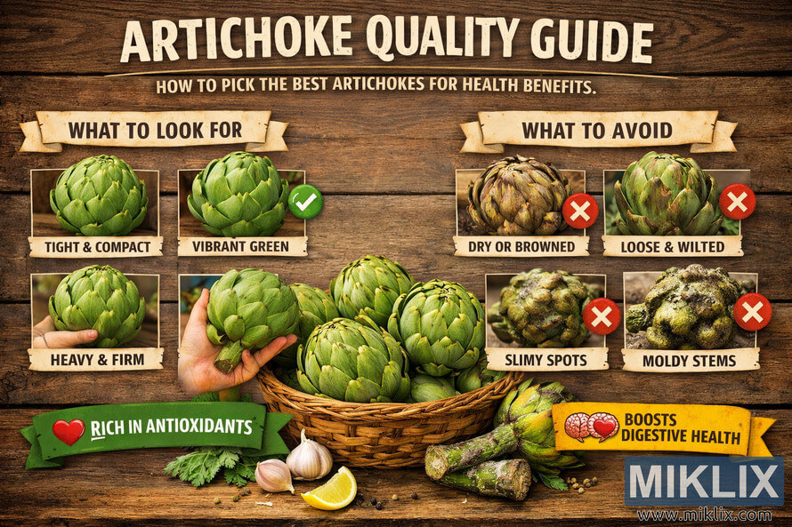 Infographic titled "Artichoke Quality Guide" showing side-by-side examples of fresh, high-quality artichokes versus poor-quality artichokes. Infographic titled "Artichoke Quality Guide" showing side-by-side examples of fresh, high-quality artichokes versus poor-quality artichokes.