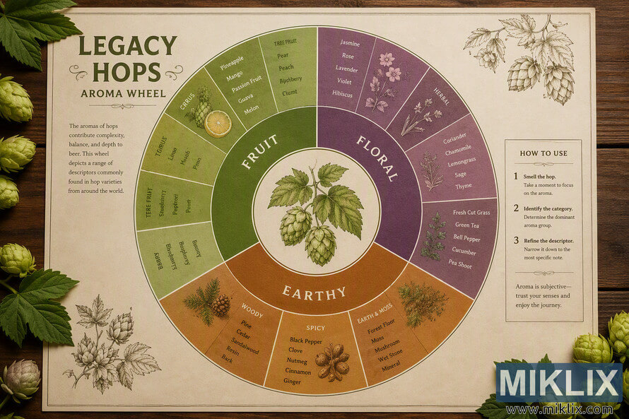 Illustrated landscape infographic titled "Legacy Hops Aroma Wheel" displayed on a wooden surface. A circular aroma wheel is divided into three primary categories: Fruit, Floral, and Earthy. Fruit sections include citrus, tropical, berry, and tree-fruit descriptors with botanical illustrations and fruit accents. Floral sections include jasmine, rose, lavender, violet, hibiscus, herbal notes, chamomile, lemongrass, sage, thyme, fresh-cut grass, green tea, bell pepper, cucumber, and pea shoot descriptors. Earthy sections include woody, spicy, and earth-and-moss characteristics such as pine, cedar, sandalwood, resin, black pepper, clove, nutmeg, cinnamon, ginger, forest floor, moss, mushroom, wet stone, and mineral. A detailed hop cone illustration occupies the center. Additional hop leaves, hop cones, botanical sketches, explanatory text, and a "How to Use" guide frame the wheel in a vintage printed style. Illustrated landscape infographic titled "Legacy Hops Aroma Wheel" displayed on a wooden surface. A circular aroma wheel is divided into three primary categories: Fruit, Floral, and Earthy. Fruit sections include citrus, tropical, berry, and tree-fruit descriptors with botanical illustrations and fruit accents. Floral sections include jasmine, rose, lavender, violet, hibiscus, herbal notes, chamomile, lemongrass, sage, thyme, fresh-cut grass, green tea, bell pepper, cucumber, and pea shoot descriptors. Earthy sections include woody, spicy, and earth-and-moss characteristics such as pine, cedar, sandalwood, resin, black pepper, clove, nutmeg, cinnamon, ginger, forest floor, moss, mushroom, wet stone, and mineral. A detailed hop cone illustration occupies the center. Additional hop leaves, hop cones, botanical sketches, explanatory text, and a "How to Use" guide frame the wheel in a vintage printed style.