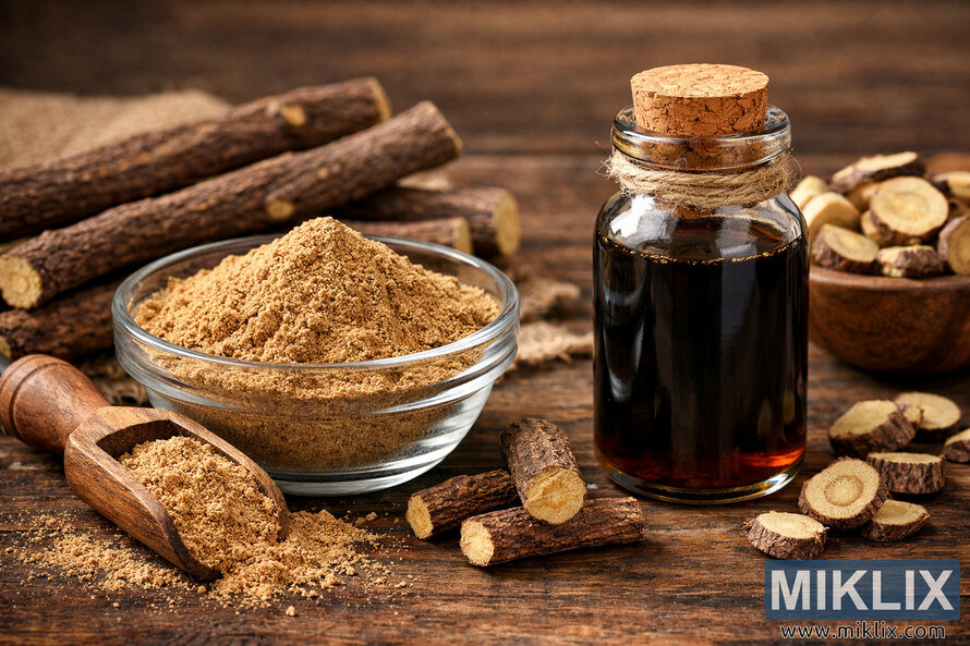 A high-resolution landscape photograph showing licorice root powder in a glass bowl, a wooden scoop, and a small glass bottle of dark licorice extract surrounded by dried licorice roots and sliced pieces on a rustic wooden surface.