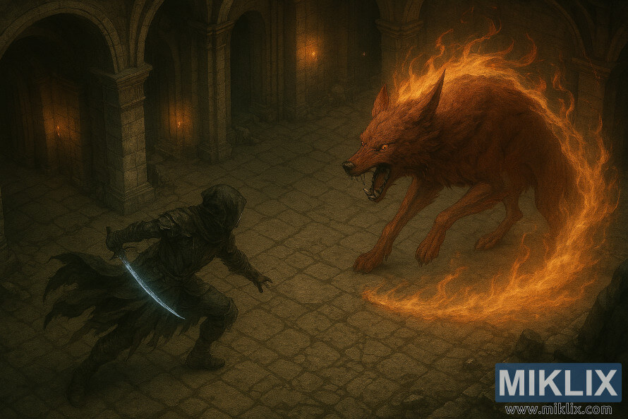 Batalla de fantasÃ­a realista entre Tarnished con armadura de Cuchillo Negro y Red Wolf del CampeÃ³n en Elden Ring