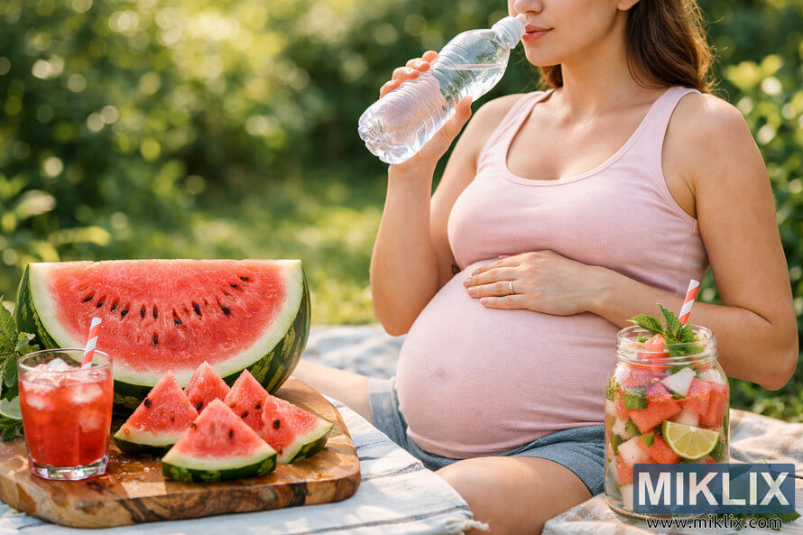 Pregnant woman sitting outdoors in a sunlit garden, drinking water while surrounded by fresh watermelon slices and a jar of watermelon-infused water. Pregnant woman sitting outdoors in a sunlit garden, drinking water while surrounded by fresh watermelon slices and a jar of watermelon-infused water.