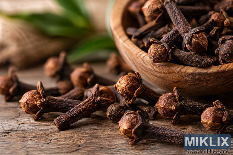Close-up macro photograph of whole dried cloves scattered on a rustic wooden surface beside a wooden bowl filled with cloves, representing the spicy, clove-like phenolic character associated with hefeweizen yeast. Close-up macro photograph of whole dried cloves scattered on a rustic wooden surface beside a wooden bowl filled with cloves, representing the spicy, clove-like phenolic character associated with hefeweizen yeast.