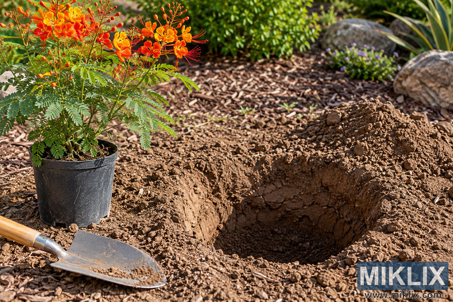 Potted orange-flowering Pride of Barbados beside a freshly dug garden planting hole, with a hand trowel on the soil in bright sunlight. Potted orange-flowering Pride of Barbados beside a freshly dug garden planting hole, with a hand trowel on the soil in bright sunlight.