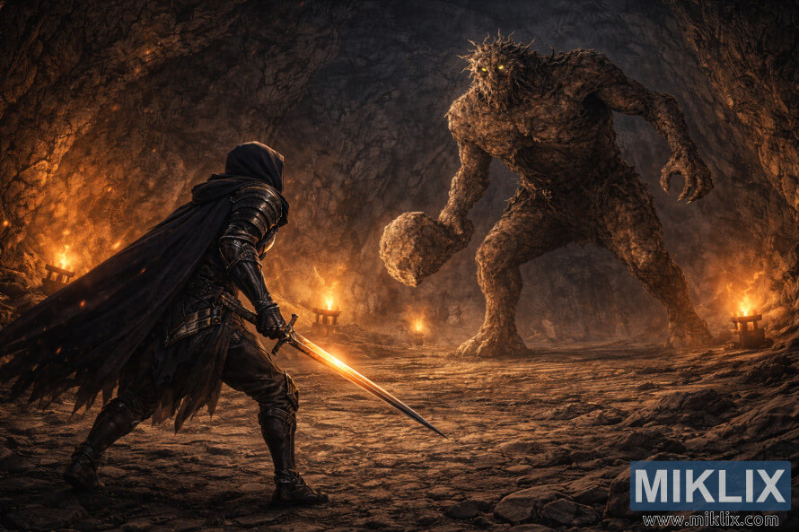 Cena de fantasia semi-realista de um guerreiro encapuzado e armadurado com uma espada luminosa a enfrentar um troll de pedra colossal numa ampla caverna subterrÃ¢nea cheia de tochas.