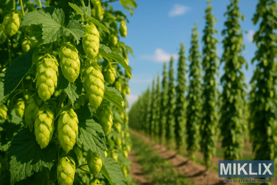 ChmelovÃ© hlÃ¡vky Kitamidori visÃ­cÃ­ z vysokÃ½ch popÃ­navÃ½ch rostlin v jasnÄ sluncem zalitÃ©m poli.