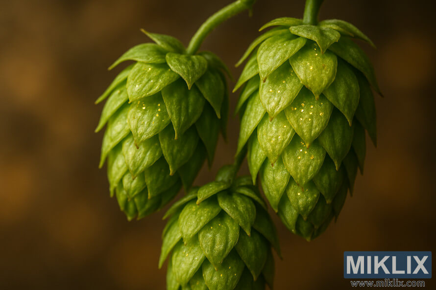 Primer pla de cons de llÃºpol centenari verds amb lupulina daurada sobre un fons terrÃ³s borrÃ³s sota una llum cÃ lida.