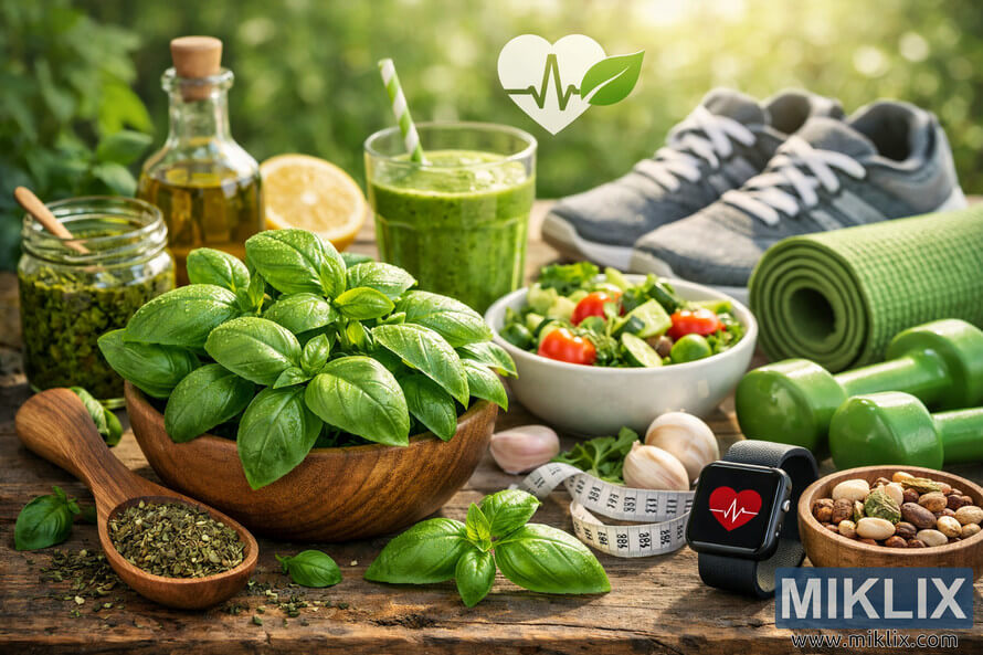 Outdoor still life on a rustic wooden table showing a bowl of fresh basil with water droplets, dried basil in a wooden spoon, basil pesto in a glass jar, olive oil, a halved lemon, a green smoothie, a colorful salad, athletic shoes, a rolled yoga mat, green dumbbells, a smartwatch with a heart-rate icon, and a bowl of mixed nuts and seeds, all set against a softly blurred green foliage background symbolizing a healthy lifestyle.