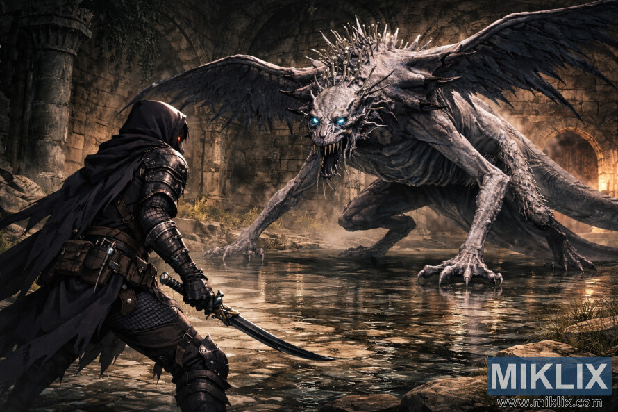 Oklopljeni ratnik u sjeni, viÄen s leÄa, suoÄava se s kolosalnim kraljem zmajeva u poplavljenim ruÅ¡evinama katedrale prije bitke. Oklopljeni ratnik u sjeni, viÄen s leÄa, suoÄava se s kolosalnim kraljem zmajeva u poplavljenim ruÅ¡evinama katedrale prije bitke.