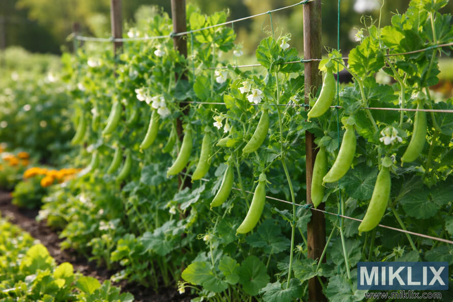 Snow pea vines climbing a wooden trellis with green pods and white blossoms in a sunlit garden Snow pea vines climbing a wooden trellis with green pods and white blossoms in a sunlit garden