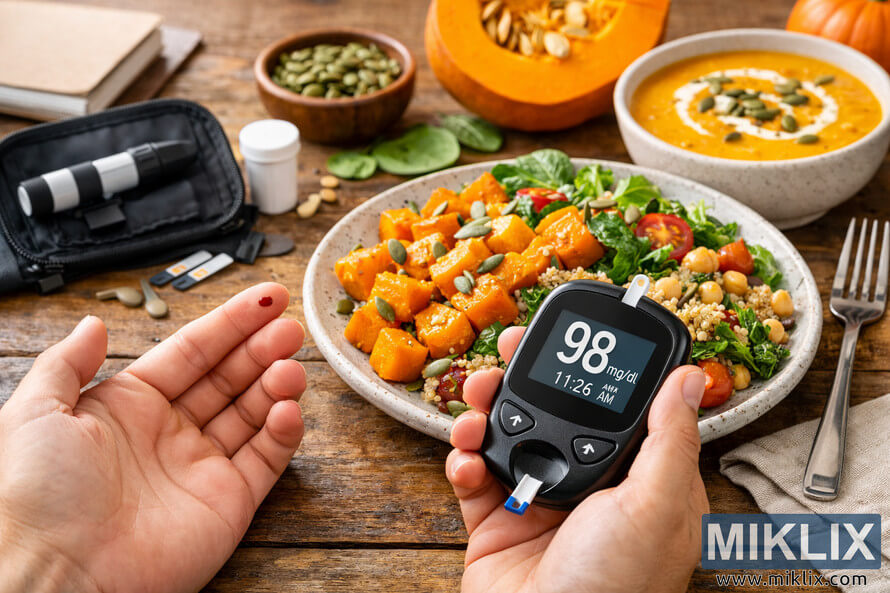 Hands testing blood sugar with a glucose meter beside a plate of roasted pumpkin salad and pumpkin soup on a rustic wooden table.