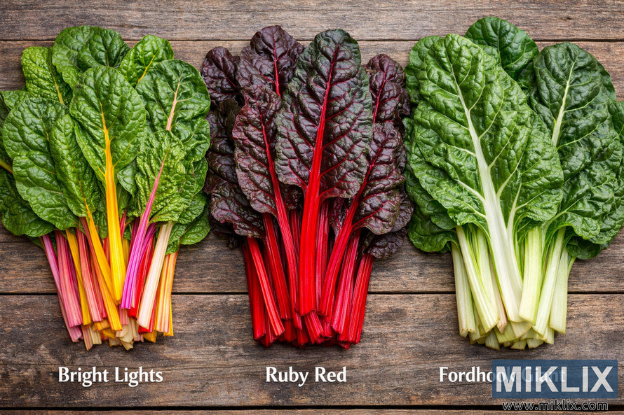 Side-by-side comparison of three Swiss chard varietiesâBright Lights with multicolored stems, Ruby Red with deep red stalks, and Fordhook Giant with white stems and large green leavesâarranged on a wooden surface.