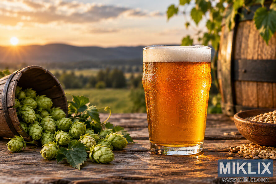 Cold amber American Pale Ale with a creamy foam head on a rustic wooden table, surrounded by fresh green hop cones and barley grains against a softly blurred countryside at golden-hour sunset. Cold amber American Pale Ale with a creamy foam head on a rustic wooden table, surrounded by fresh green hop cones and barley grains against a softly blurred countryside at golden-hour sunset.