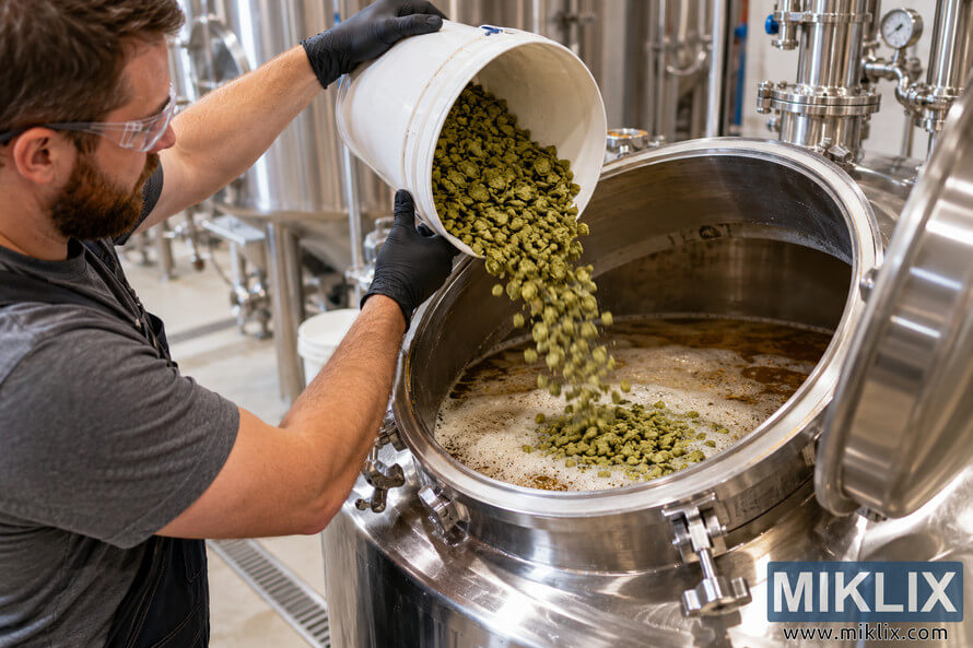 Brewer wearing safety goggles and gloves pours green dry hop pellets from a white bucket into beer inside an open stainless-steel fermenter at a modern brewery. Brewer wearing safety goggles and gloves pours green dry hop pellets from a white bucket into beer inside an open stainless-steel fermenter at a modern brewery.