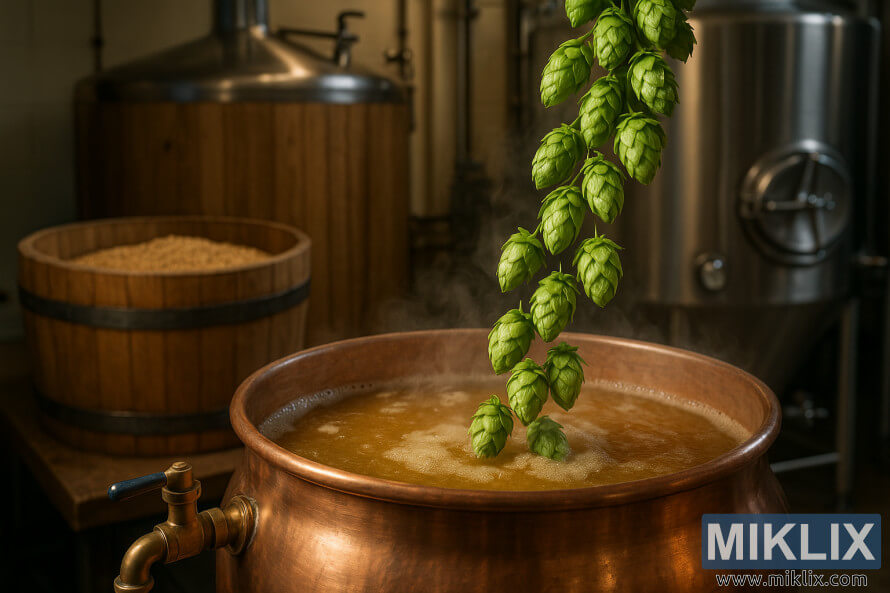 LlÃºpols centenaris cauen en una caldera de coure amb most bullent amb una tina de maceraciÃ³ i tancs de fermentaciÃ³ al fons.