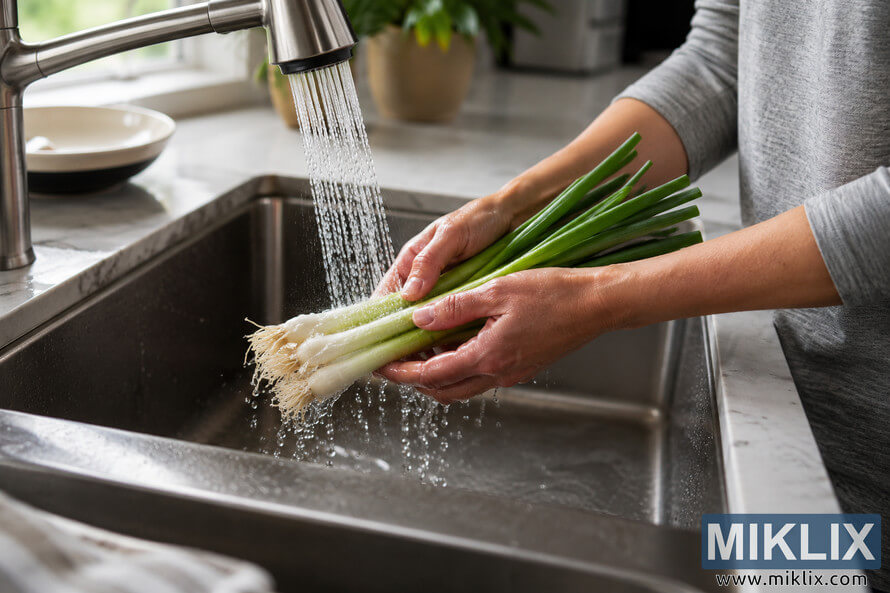 Close-up of a person rinsing fresh green onions under running water in a stainless steel kitchen sink with natural daylight illuminating the modern countertop and faucet.