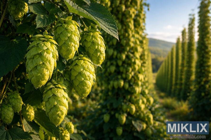 Close-up of vibrant green Polaris hop cones hanging in a sunlit hop garden with trellised bines and soft hills in the background.