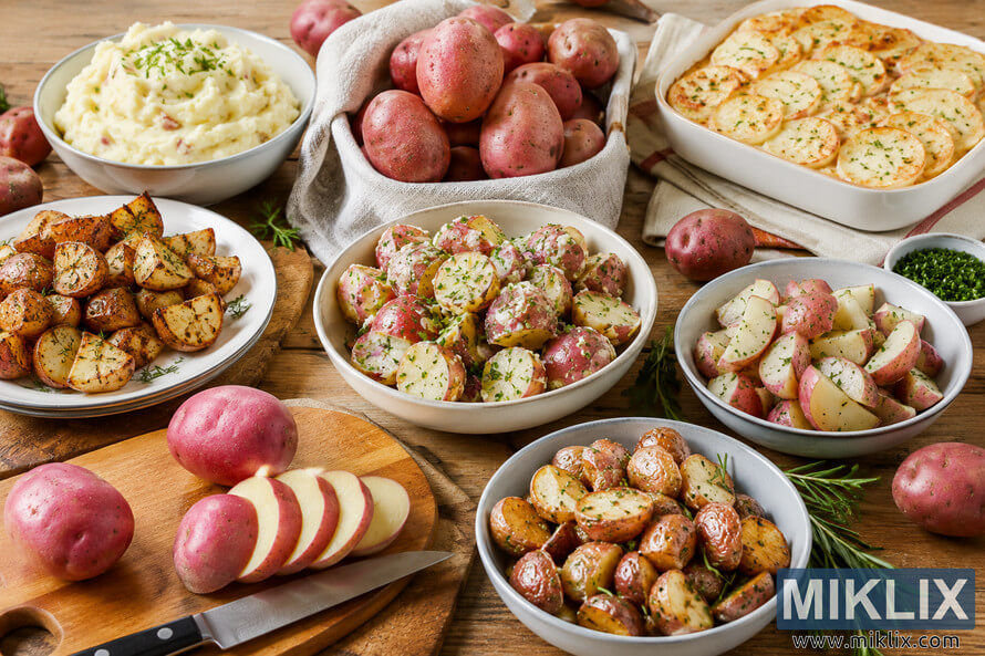 A landscape food photograph featuring red potatoes prepared in several different ways, including roasted wedges, mashed potatoes, boiled potatoes, a rustic potato salad, and a golden baked potato gratin, all arranged in neutral ceramic bowls on a warm wooden table with fresh herbs and whole red potatoes. A landscape food photograph featuring red potatoes prepared in several different ways, including roasted wedges, mashed potatoes, boiled potatoes, a rustic potato salad, and a golden baked potato gratin, all arranged in neutral ceramic bowls on a warm wooden table with fresh herbs and whole red potatoes.