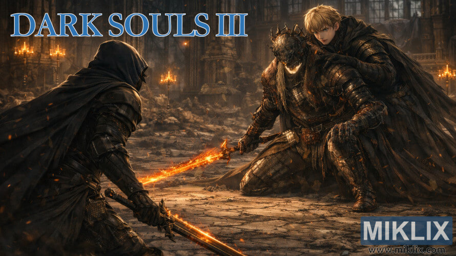Dark fantasy fan art of a hooded warrior in shadow armor confronting the Twin Princes inside a ruined gothic cathedral.
