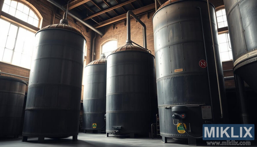 Interior industrial cu silozuri mari de malÈ Ã®nchise la culoare, Èevi Èi iluminare difuzÄ caldÄ.