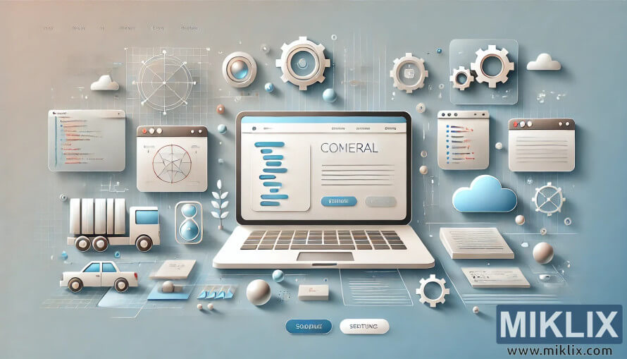 Laptop with charts, gears, and diagrams symbolizing technical guides and workflows. Laptop with charts, gears, and diagrams symbolizing technical guides and workflows.