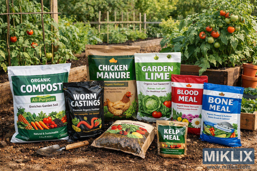 Bags of organic compost and soil amendments arranged in a vegetable garden with raised beds and tomato plants in the background.