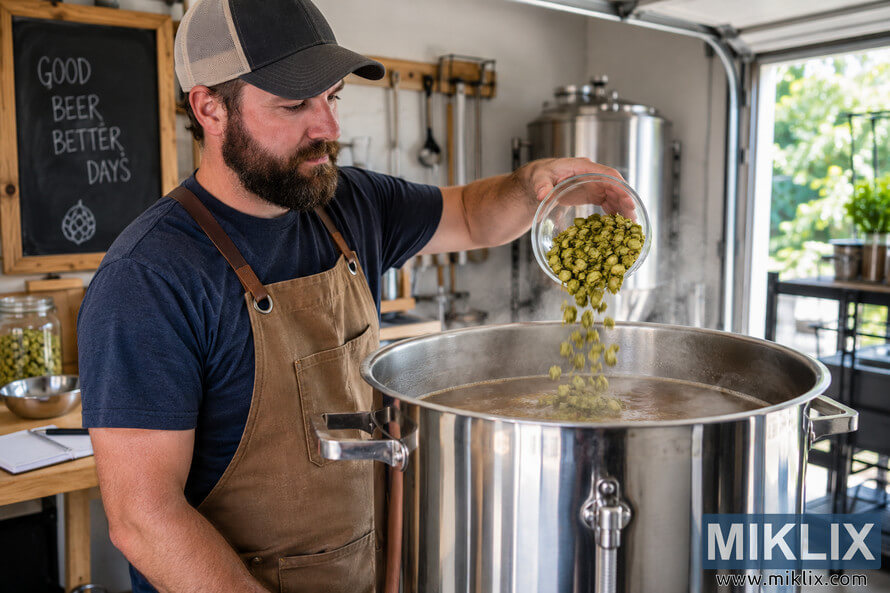 Homebrewer in a garage brewery pouring green hop cones from a clear glass container into a large steaming stainless-steel brewing kettle. Homebrewer in a garage brewery pouring green hop cones from a clear glass container into a large steaming stainless-steel brewing kettle.