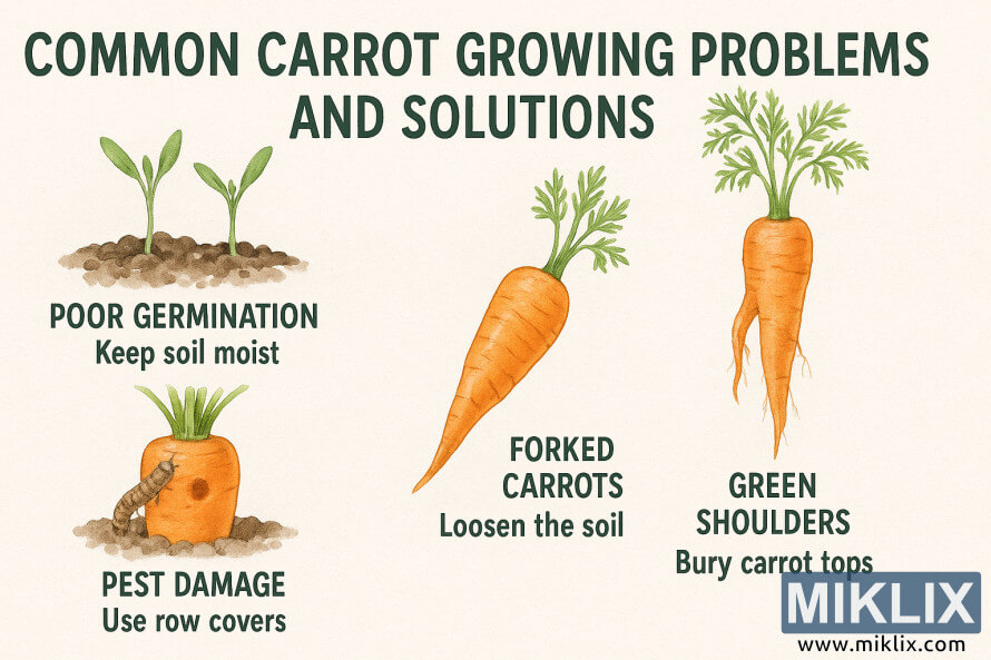 InfografÃ­a que muestra problemas comunes en el cultivo de zanahorias, como mala germinaciÃ³n, raÃ­ces bifurcadas, daÃ±os por plagas y hombros verdes, con soluciones ilustradas.