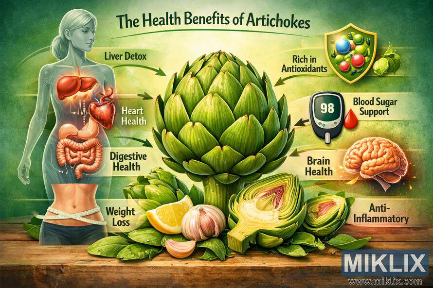 Infographic-style landscape illustration showing a large central artichoke on a wooden surface, surrounded by sliced artichoke hearts, garlic cloves, and lemon wedges, with a green gradient background. Infographic-style landscape illustration showing a large central artichoke on a wooden surface, surrounded by sliced artichoke hearts, garlic cloves, and lemon wedges, with a green gradient background.
