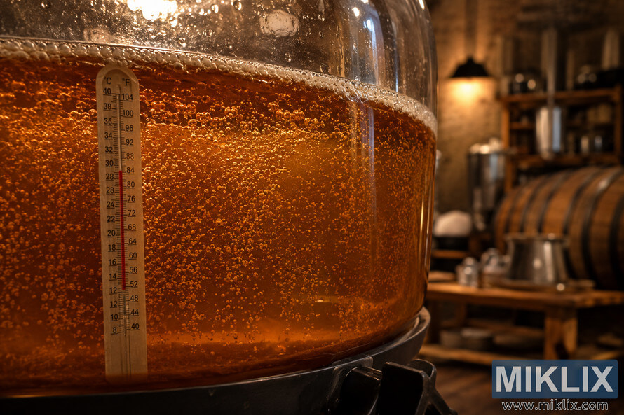 Close-up of a glass fermentation vessel filled with bubbling amber ale, with frothy yeast activity and a thermometer visible in a warmly lit rustic brewing room with wooden barrels in the background. Close-up of a glass fermentation vessel filled with bubbling amber ale, with frothy yeast activity and a thermometer visible in a warmly lit rustic brewing room with wooden barrels in the background.