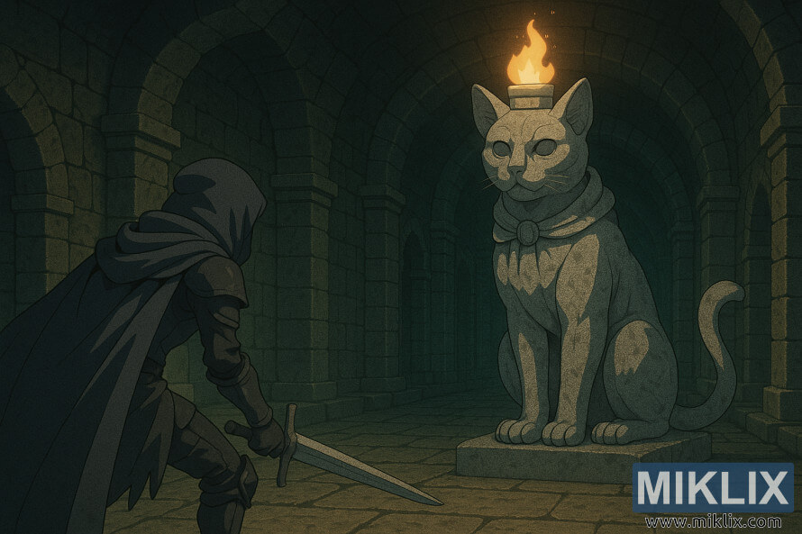 Fanúšikovská grafika Elden Ring v anime Å¡týle zobrazujúca PoÅ¡kvrneného v brnenà Äierneho noža oproti sediacej kamennej maÄke Erdtree Burial Watchdog v tmavých katakombách. Fanúšikovská grafika Elden Ring v anime Å¡týle zobrazujúca PoÅ¡kvrneného v brnenà Äierneho noža oproti sediacej kamennej maÄke Erdtree Burial Watchdog v tmavých katakombách.