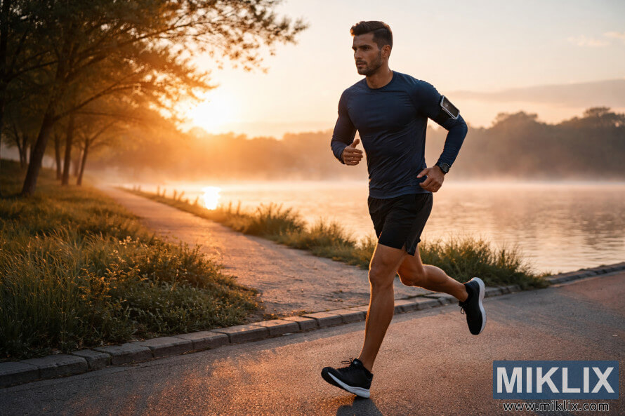 Corredor atlético fazendo jogging em uma trilha à beira de um lago ao nascer do sol, com uma luz dourada e quente e névoa sobre a água. Corredor atlético fazendo jogging em uma trilha à beira de um lago ao nascer do sol, com uma luz dourada e quente e névoa sobre a água.