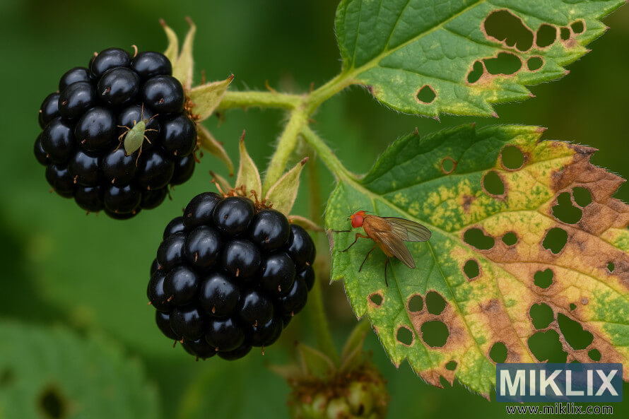 Gros plan sur des mÃ»res mÃ»res prÃ©sentant des dÃ©gÃ¢ts visibles causÃ©s par des ravageurs sur les feuilles et des insectes, notamment des pucerons et des mouches, sur la plante.