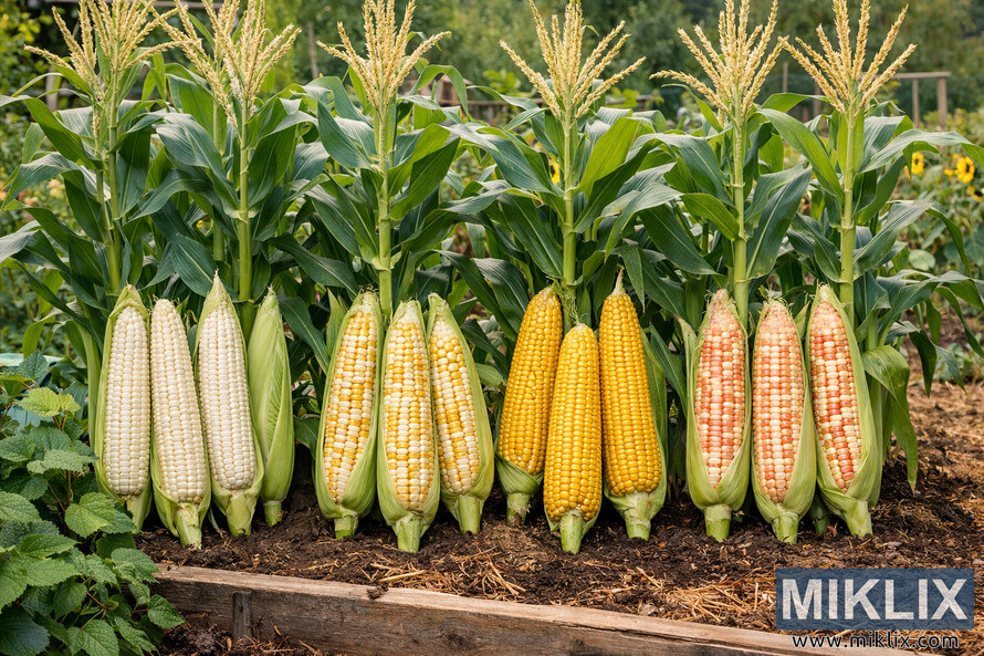 Four sweet corn varietiesâSilver Queen, Peaches and Cream, Bodacious, and Ambrosiaâgrowing in rows in a lush vegetable garden with partially husked ears showing different kernel colors.