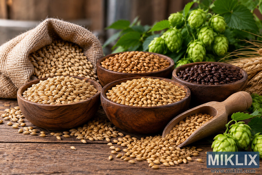 Rustic still life of assorted pale, golden and dark base malts in wooden bowls, a burlap sack and wooden scoop, surrounded by fresh green hop cones on a weathered wooden table.