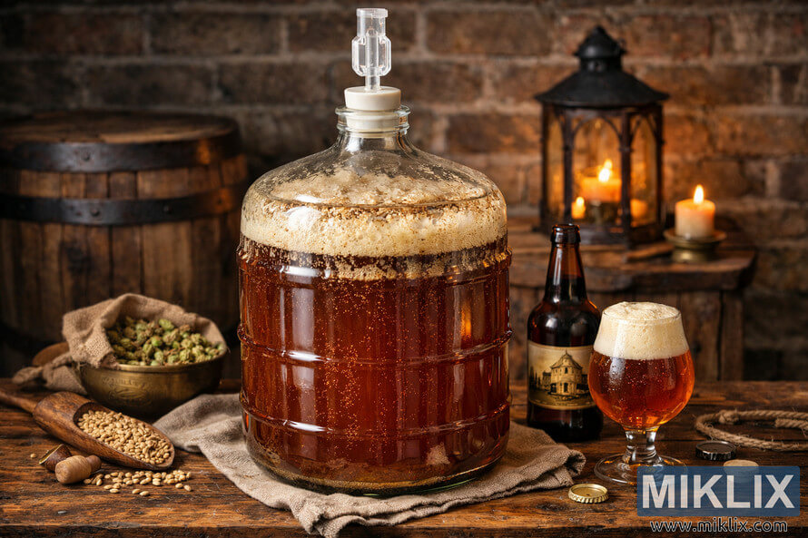 High-resolution landscape photo of a Belgian Abbey style ale fermenting in a glass carboy on a rustic wooden table, surrounded by hops, barley, a beer bottle, and a tulip glass in warm candlelight. High-resolution landscape photo of a Belgian Abbey style ale fermenting in a glass carboy on a rustic wooden table, surrounded by hops, barley, a beer bottle, and a tulip glass in warm candlelight.
