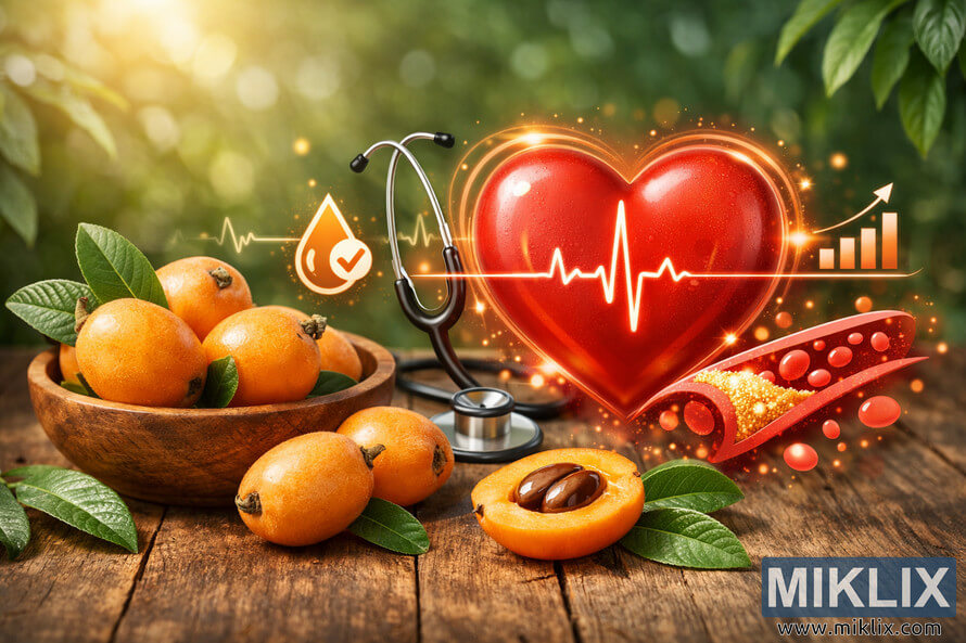Ripe loquats on a wooden surface beside a glowing red heart with an ECG line and health icons symbolizing cardiovascular wellness. Ripe loquats on a wooden surface beside a glowing red heart with an ECG line and health icons symbolizing cardiovascular wellness.