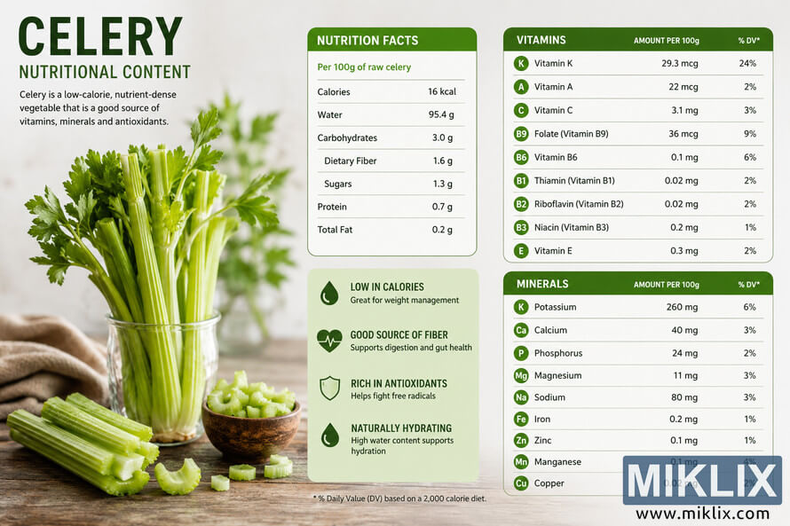 Landscape infographic showing the nutritional content of celery with a fresh celery photo on the left and detailed tables of vitamins, minerals, calories, fiber, hydration, and antioxidants on the right in a green and white layout.