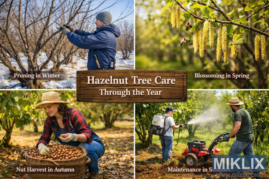 Colagem de paisagem mostrando as atividades de cuidado sazonal das aveleiras, incluindo a poda de inverno, a floraÃ§Ã£o da primavera, a manutenÃ§Ã£o do verÃ£o e a colheita das avelÃ£s no outono.