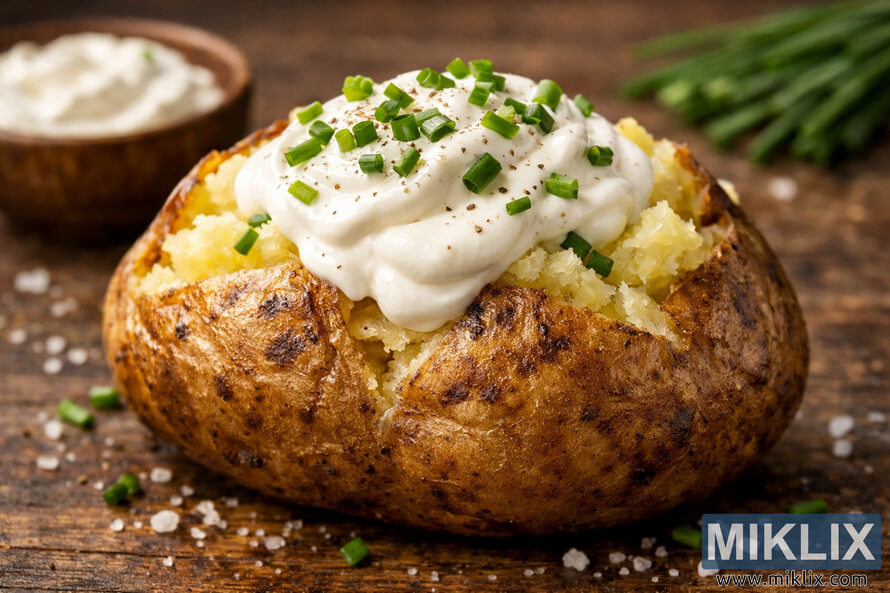 Close-up photo of a golden-brown baked potato on a rustic wooden surface, split open to reveal its fluffy interior and topped with a generous dollop of smooth white sour cream and finely chopped green chives. Close-up photo of a golden-brown baked potato on a rustic wooden surface, split open to reveal its fluffy interior and topped with a generous dollop of smooth white sour cream and finely chopped green chives.