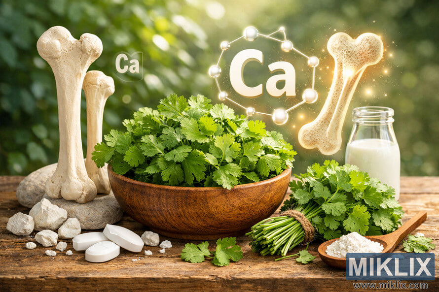 A vibrant landscape photo showing fresh cilantro in a wooden bowl surrounded by symbolic elements of bone health and calcium absorption, including femur bones, calcium tablets, milk, and glowing molecular structures labeled 'Ca'. A vibrant landscape photo showing fresh cilantro in a wooden bowl surrounded by symbolic elements of bone health and calcium absorption, including femur bones, calcium tablets, milk, and glowing molecular structures labeled 'Ca'.