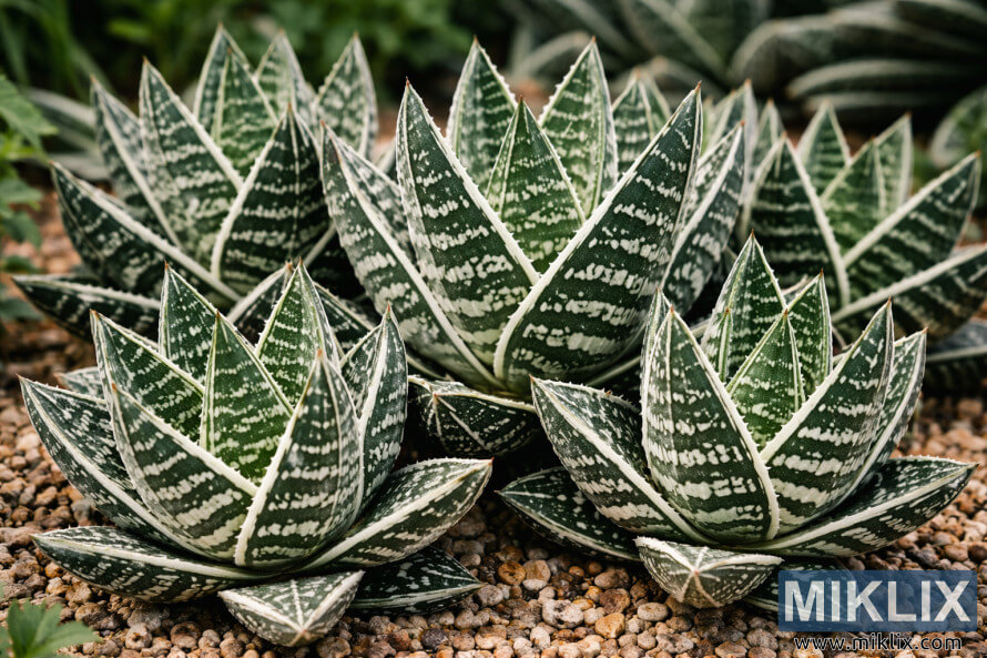 Fotografia em close-up de um grupo de plantas de Aloe tigre com folhas verdes triangulares, estampadas com listras brancas marcantes, crescendo em um jardim de pedras. Fotografia em close-up de um grupo de plantas de Aloe tigre com folhas verdes triangulares, estampadas com listras brancas marcantes, crescendo em um jardim de pedras.